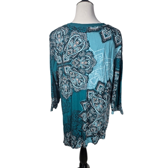 Chico's Size 3 (Approx Size 16) Blue and Black Asymmetrical 3/4 Sleeve Tunic - Picture 5 of 8